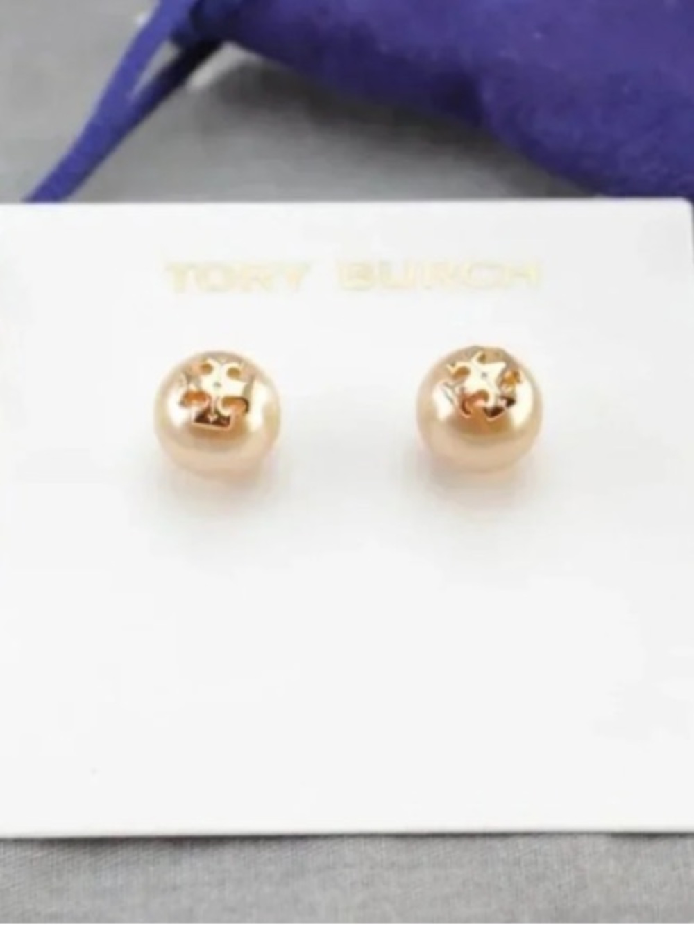 Tory Burch Gold Pearl Logo Stud Earrings - Champagne Gold